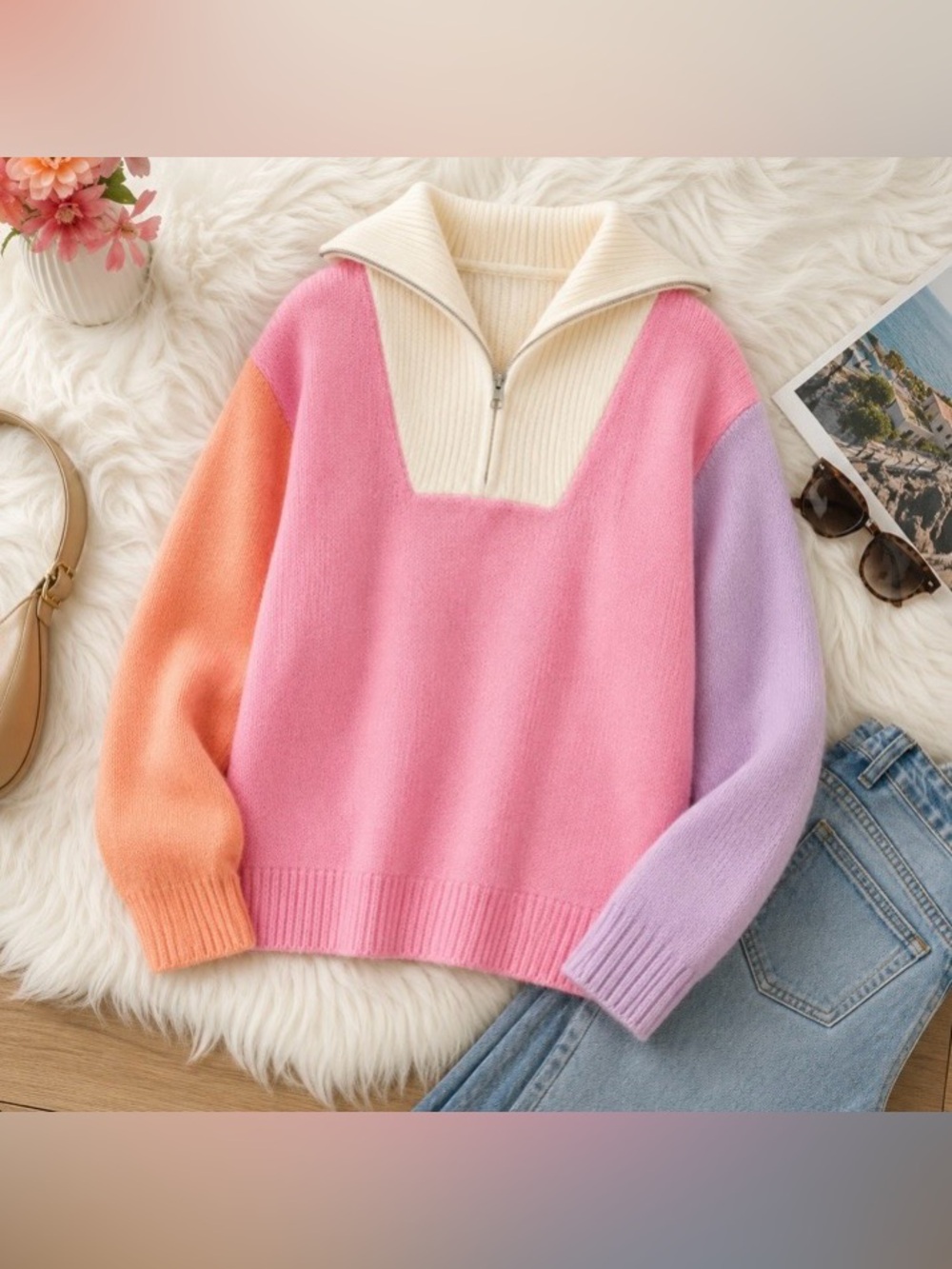 English Factory Colorblock Half-Zip Collared Midweight Knit Sweater Multicolor S